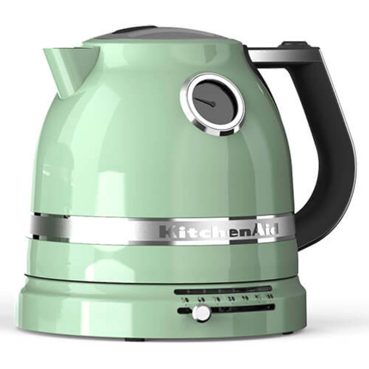 Pistachio green KitchenAid 1.5L kettle with a stainless steel band, variable temperature dial, and a black handle, featuring a sleek, rounded design.
