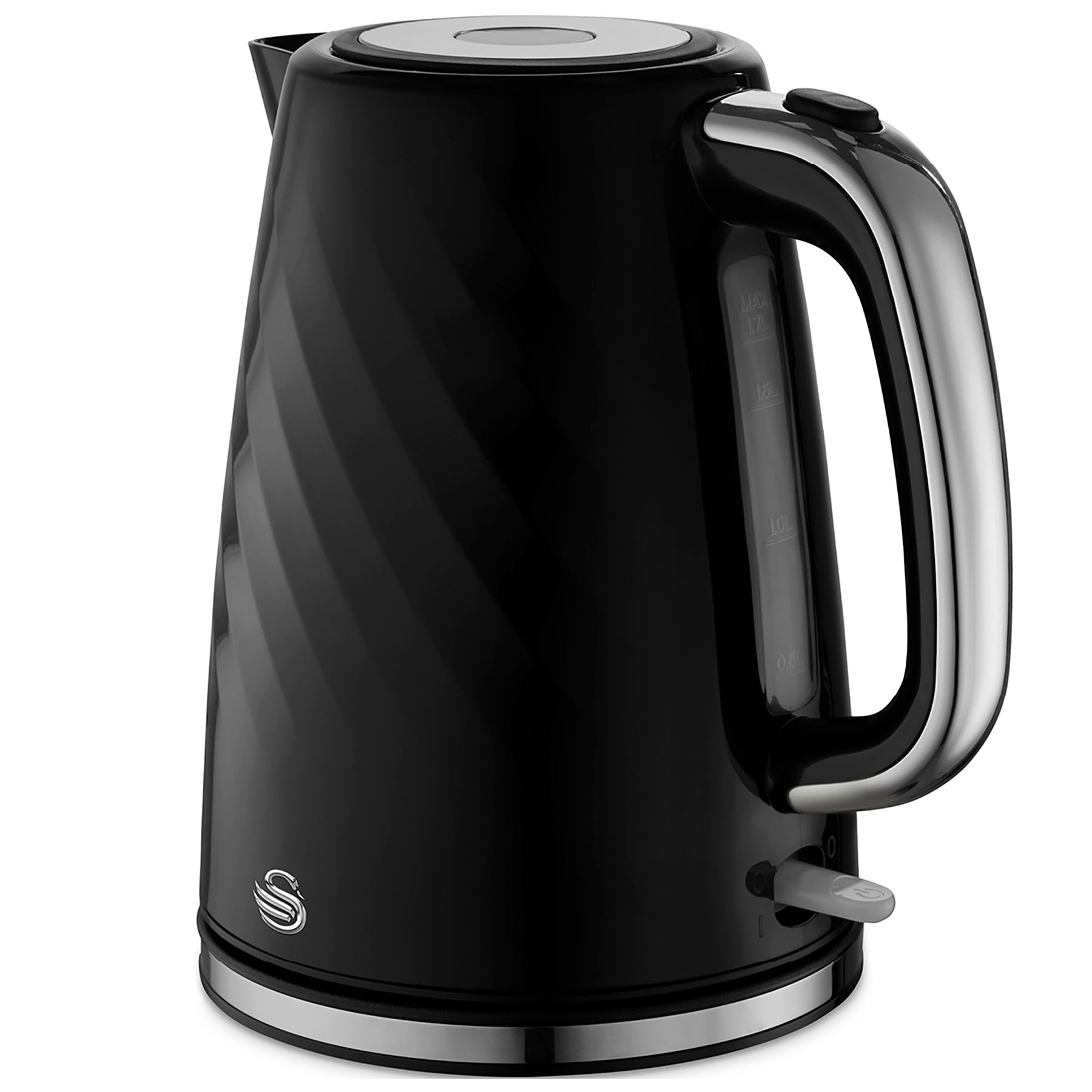 Swan 1.7L Windsor Cordless Kettle in sleek black with a shiny silver handle, a clear water level indicator, and a modern design featuring a smooth, curved body.