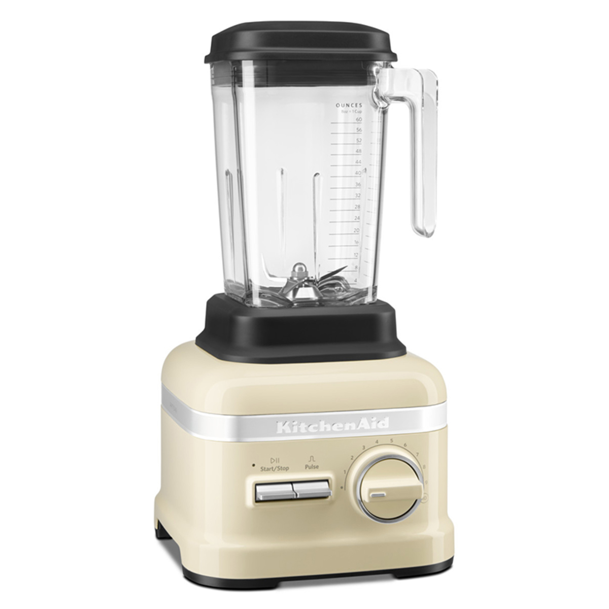 1.75L KitchenAid ARTISAN High Performance Blender in Almond Cream color, featuring a clear glass pitcher, black lid, and a sleek cream base with control knobs.