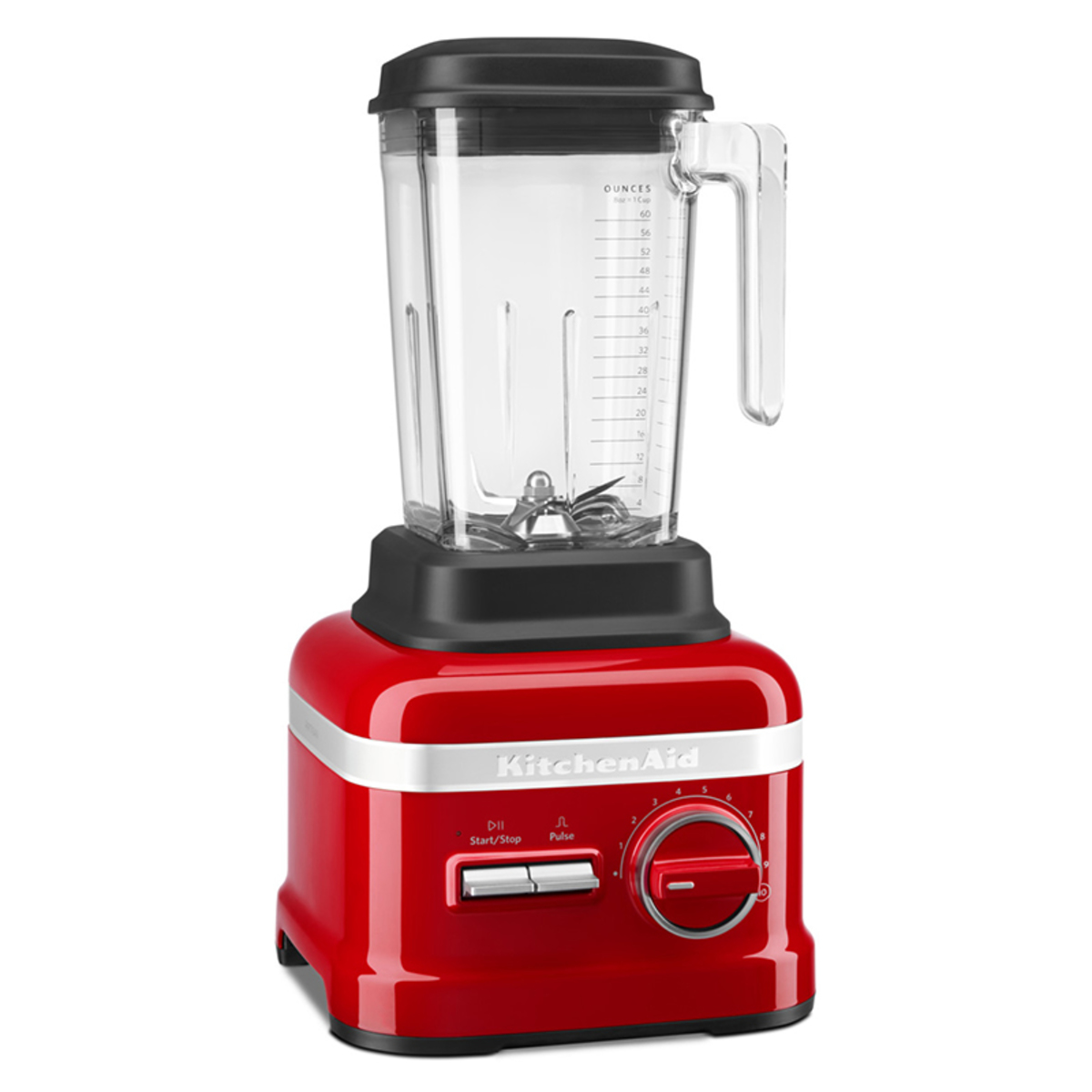 1.75L KitchenAid ARTISAN High Performance Blender in Empire Red with a clear glass pitcher, black lid, and silver accents, featuring control dials for speed and pulse functions.