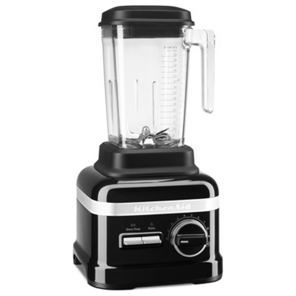 High-performance KitchenAid blender in onyx black with a clear 1.75L jar, stainless steel blades, and a control dial for blending options.