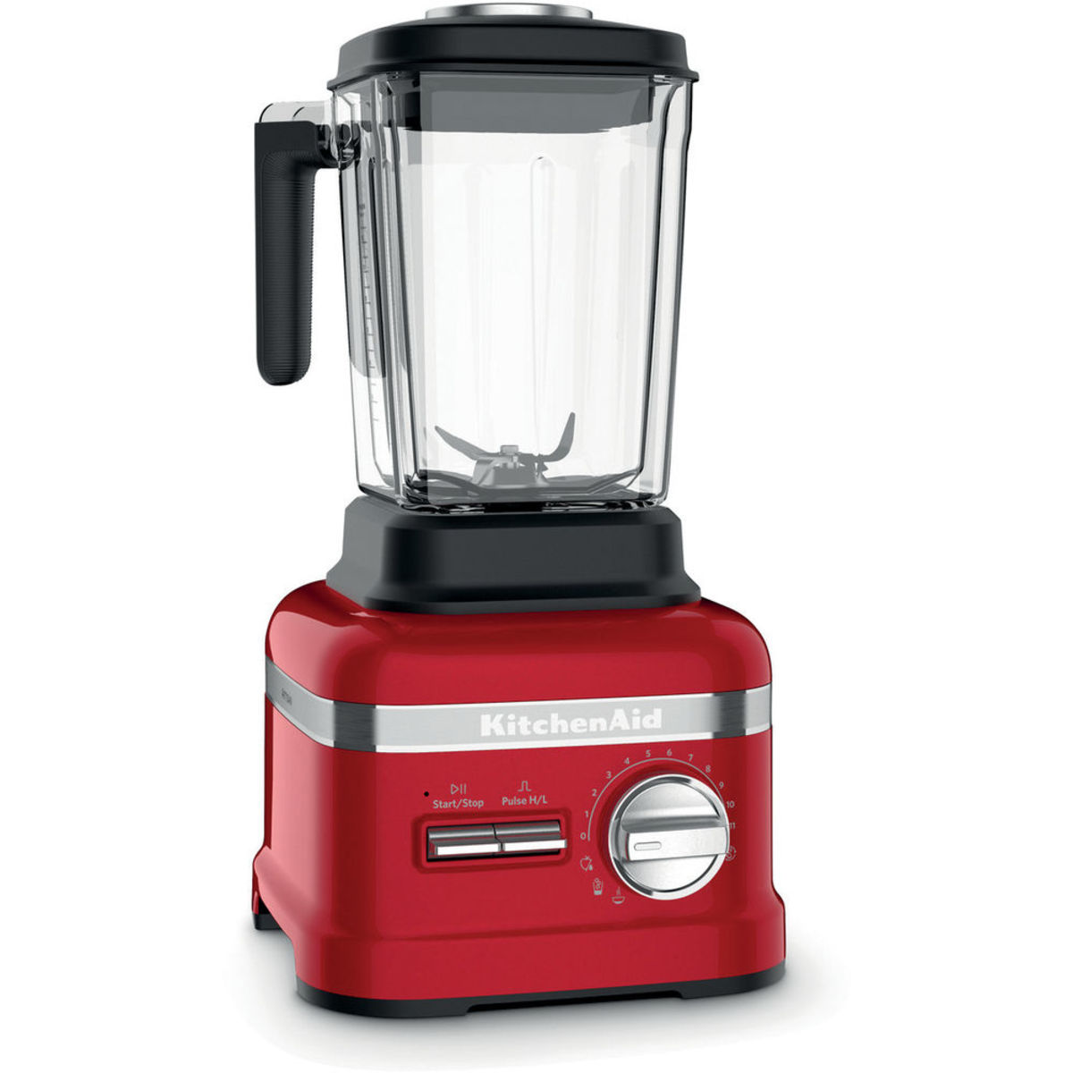 Bright candy apple red KitchenAid 1.75L ARTISAN Power Plus Blender with a clear glass pitcher, stainless steel blades, and easy-to-use control knobs and buttons.