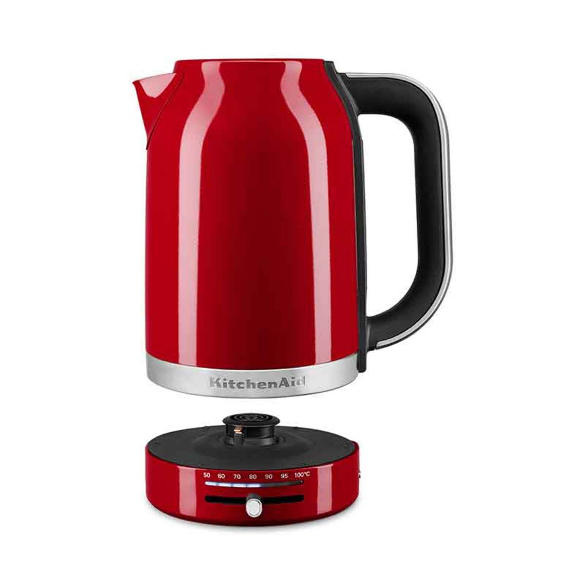 Bright empire red kettle with a stainless steel base, variable temperature settings, and a black ergonomic handle, featuring a sleek modern design.