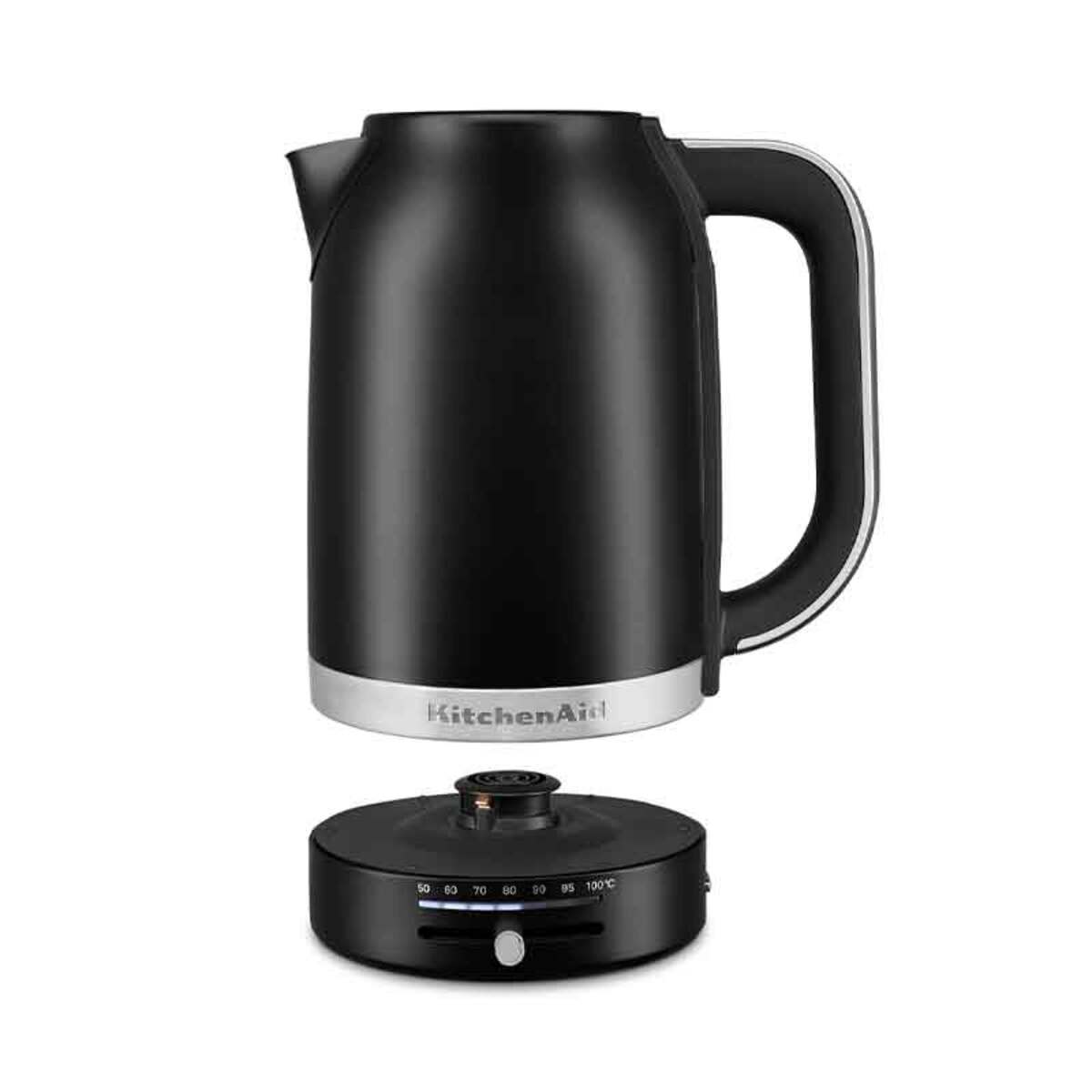 Matte black KitchenAid 5KEK1701BBM kettle with a sleek design, featuring a stainless steel base and a variable temperature dial for precise heating.