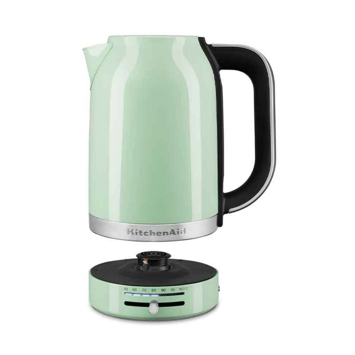 Pistachio green KitchenAid 5KEK1701BPT kettle with a sleek stainless steel base, variable temperature dial, and ergonomic black handle, featuring a 1.7L capacity.