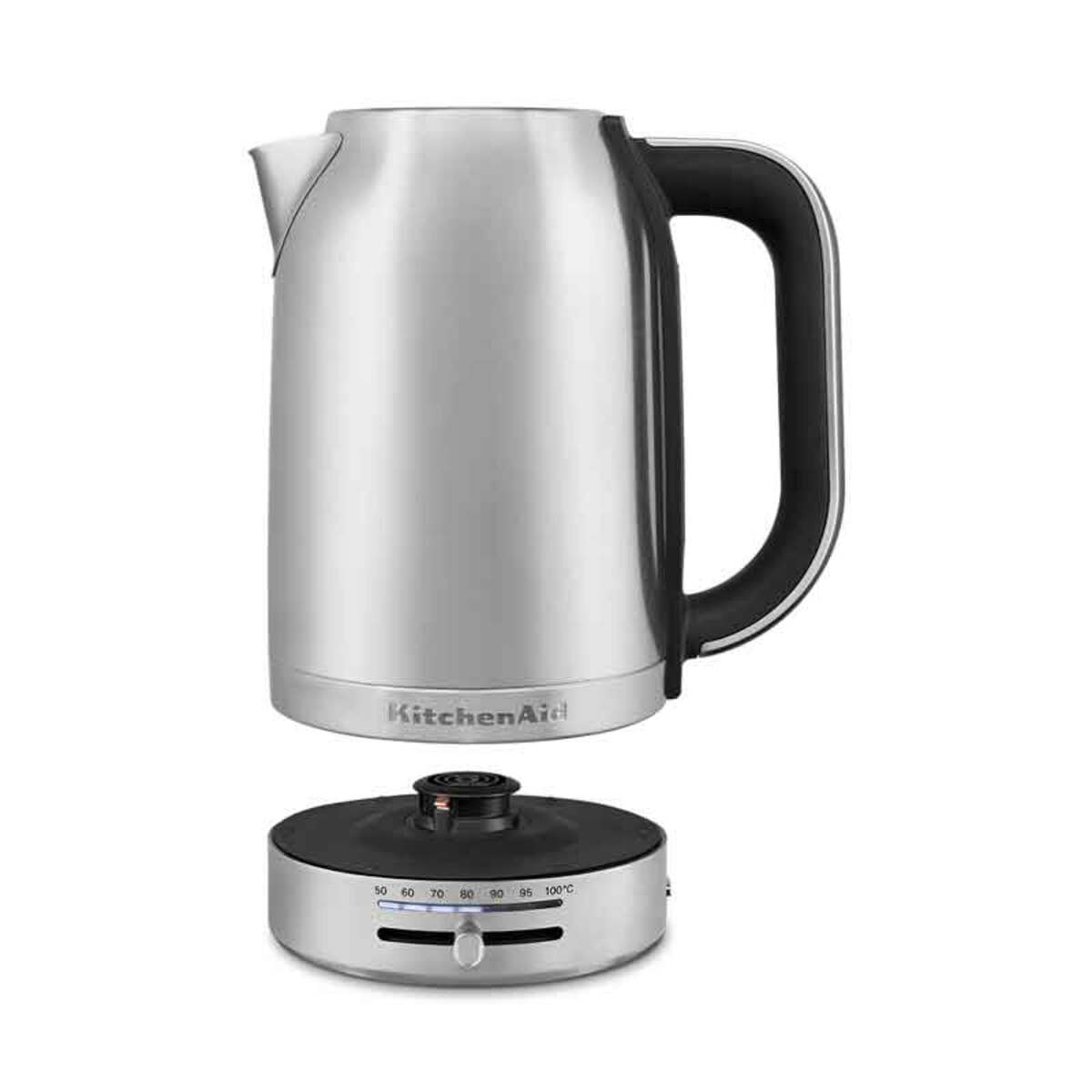 Stainless steel KitchenAid 5KEK1701BSX kettle with a black handle and base, featuring a variable temperature dial and a 1.7L capacity.