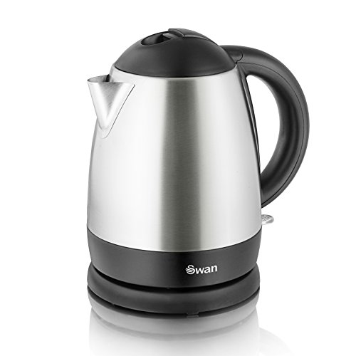 Compact 1L kettle with a sleek stainless steel body in silver, black plastic handle, and spout, featuring a round base and a modern design.