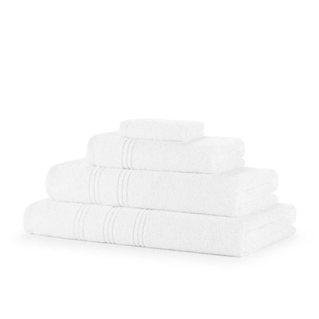 A neatly stacked set of white towels, including 4 face cloths, 2 hand towels, 2 bath towels, and 2 bath sheets, made from 600GSM zero twist cotton for softness and absorbency.