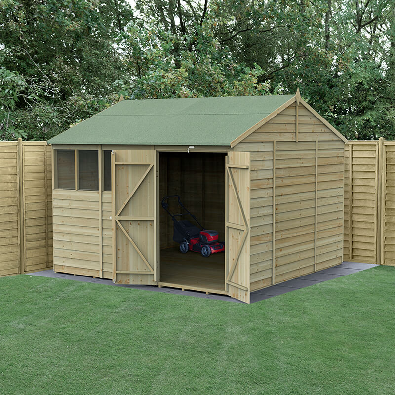 10' x 10' wooden shed with a green apex roof, double doors, and four windows, featuring pressure-treated timber and a spacious interior, set against a garden backdrop.