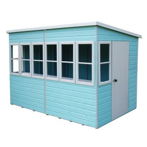 Light blue wooden garden potting shed with a sloped roof, featuring multiple windows and a side door, designed for outdoor use.