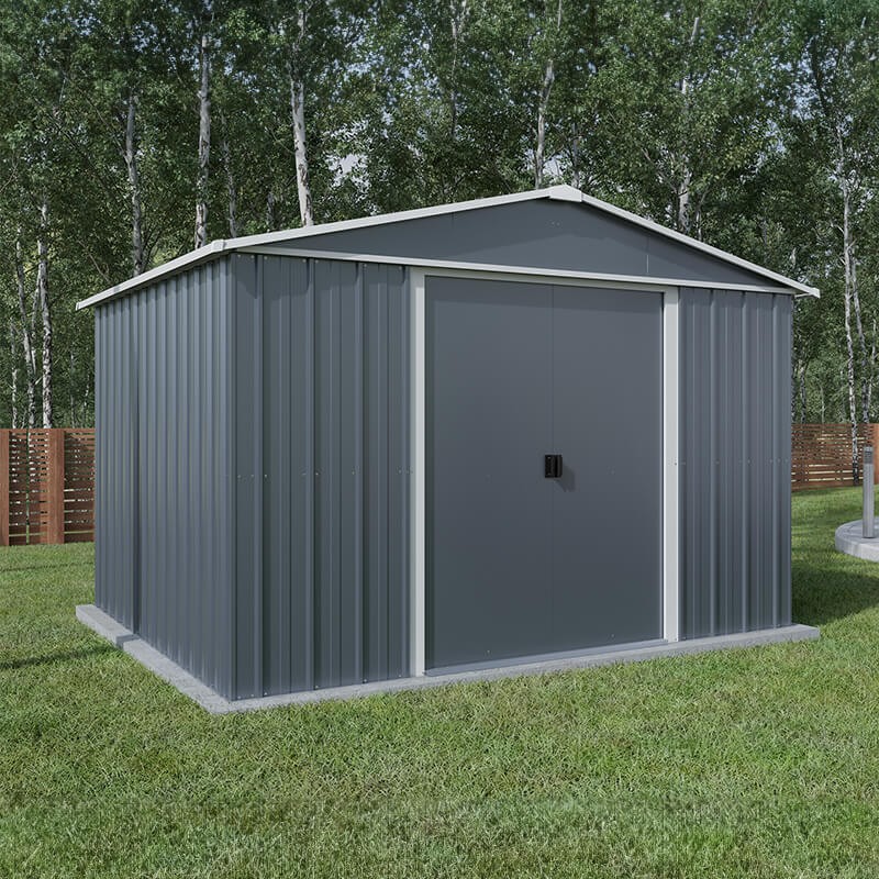 10' x 10' Yardmaster Castleton anthracite metal shed with a sloped roof, vertical paneling, double doors, and a sleek gray finish, set on a grassy area surrounded by trees.