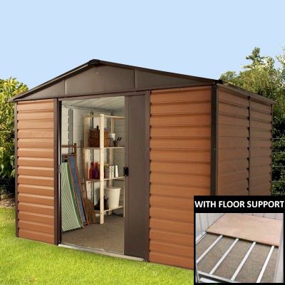 Brown and beige metal shed with a sloped roof, featuring horizontal panels, double doors, and interior shelving; includes a close-up of floor support system.
