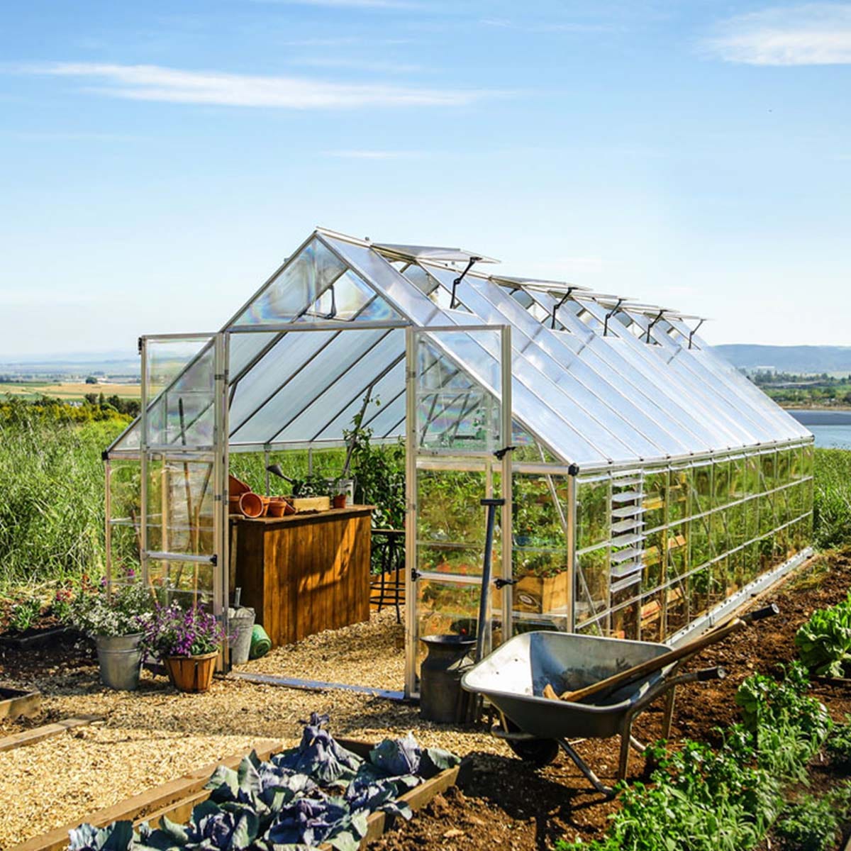 Large silver greenhouse measuring 10' x 24', featuring transparent polycarbonate panels, a peaked roof, and side vents, set in a garden with potted plants and a wheelbarrow nearby.
