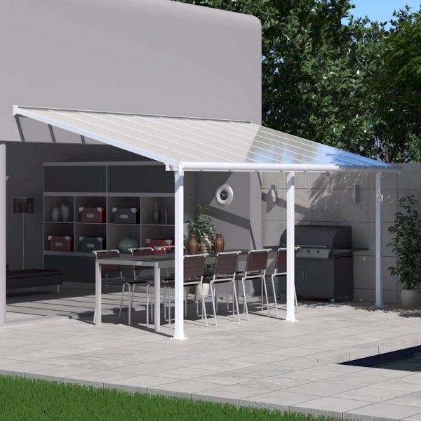 10' x 32' white patio cover with clear panels, featuring a sturdy frame, providing shade over a dining area with chairs, adjacent to a grill and landscaped garden.