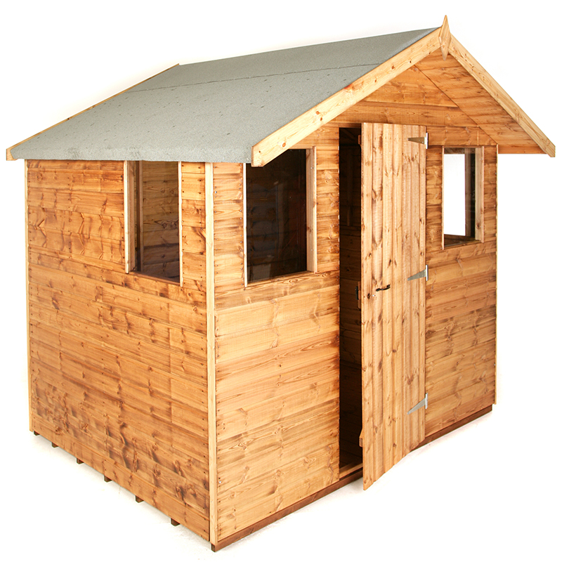 Traditional 10' x 8' cabin garden shed features a wooden shiplap design with a sloped roof, two windows, and a double door, all in a natural wood finish.