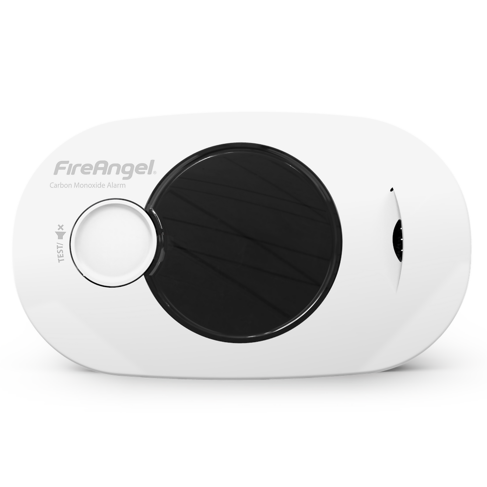 White FireAngel digital carbon monoxide alarm featuring a black circular sensor, a test button, and a sealed 10-year battery for reliable safety.
