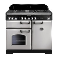 Classic Deluxe 100cm dual fuel range cooker in Royal Pearl with chrome trim, featuring a five-burner gas hob, two ovens, and a sleek black control panel.