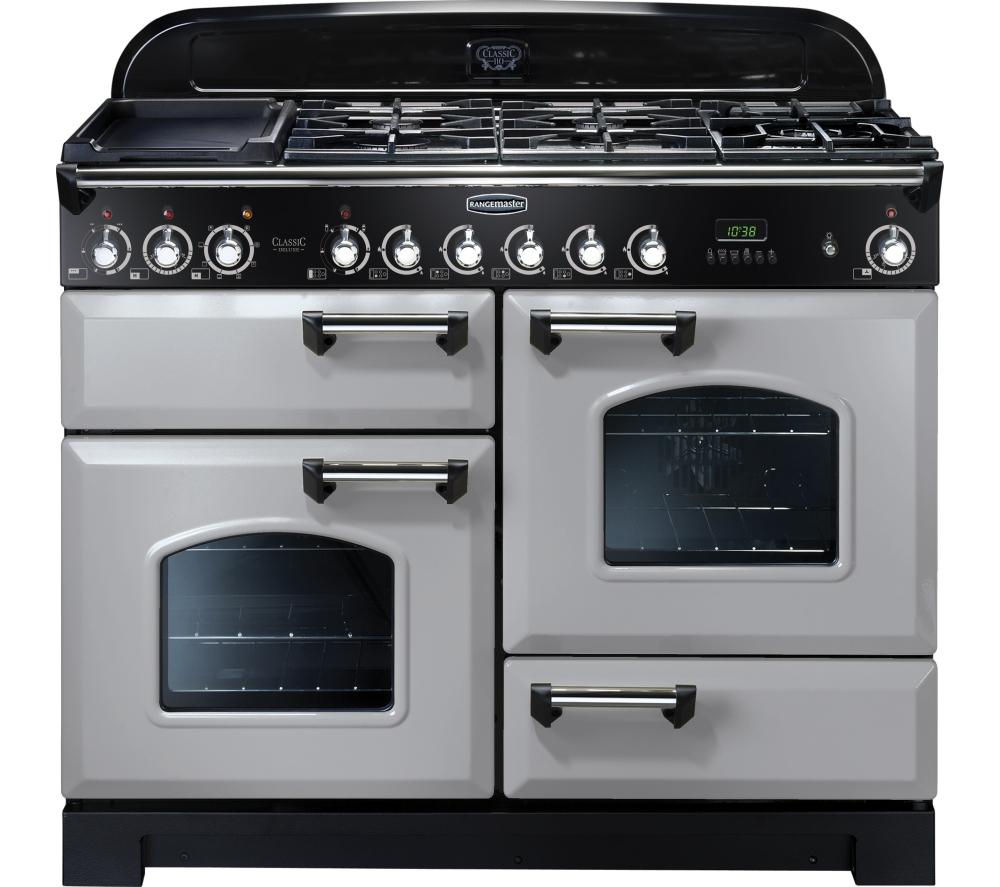 Classic Deluxe 110cm dual fuel range cooker in Royal Pearl with chrome trim, featuring multiple burners, a griddle, and two large ovens with glass doors.