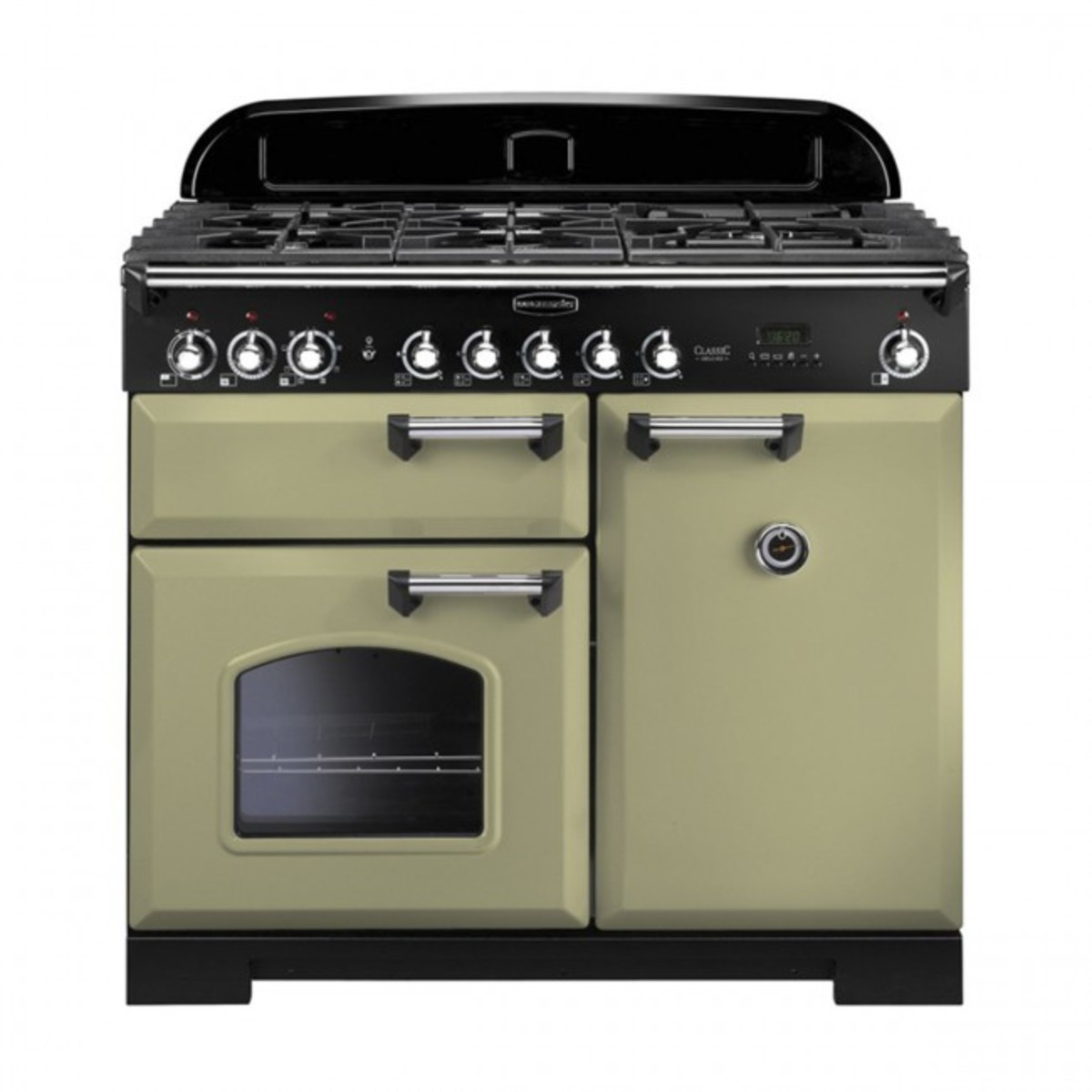 Classic Deluxe 100cm dual fuel range cooker in olive green with chrome trim, featuring a black gas hob, multiple control knobs, and two ovens with a glass window.