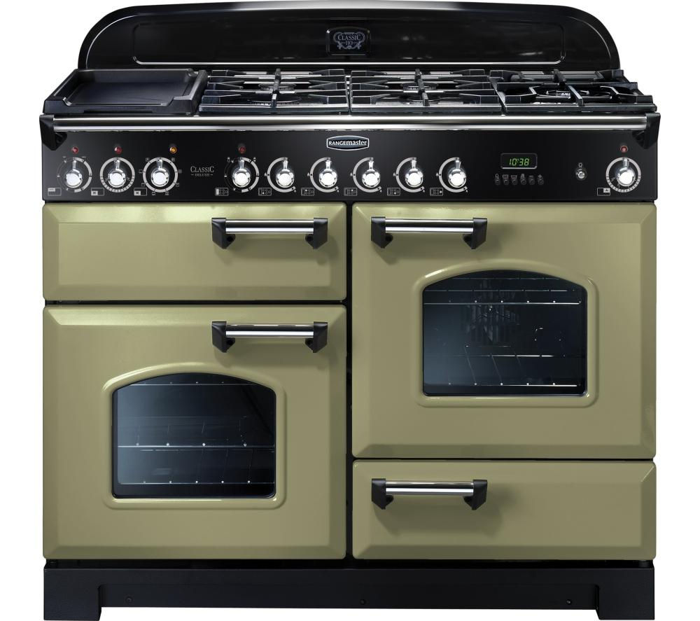 Classic Deluxe 110cm dual fuel range cooker in olive green with chrome trim, featuring five gas burners, a griddle, and two glass-fronted ovens.