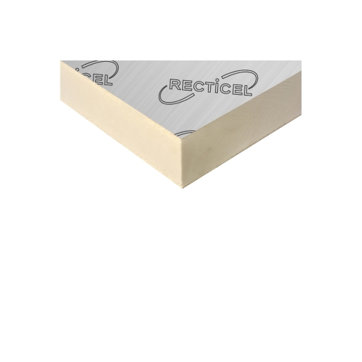 Recticel Eurothane GP insulation board, measuring 100mm x 2400mm x 1200mm, features a smooth, light yellow surface with a printed logo on one side.