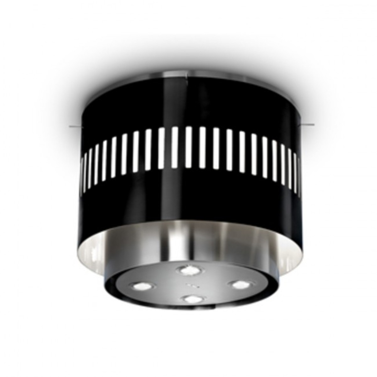Black and stainless steel 52cm ceiling hood featuring a cylindrical design with vertical slits and four round lights, ideal for modern kitchens.