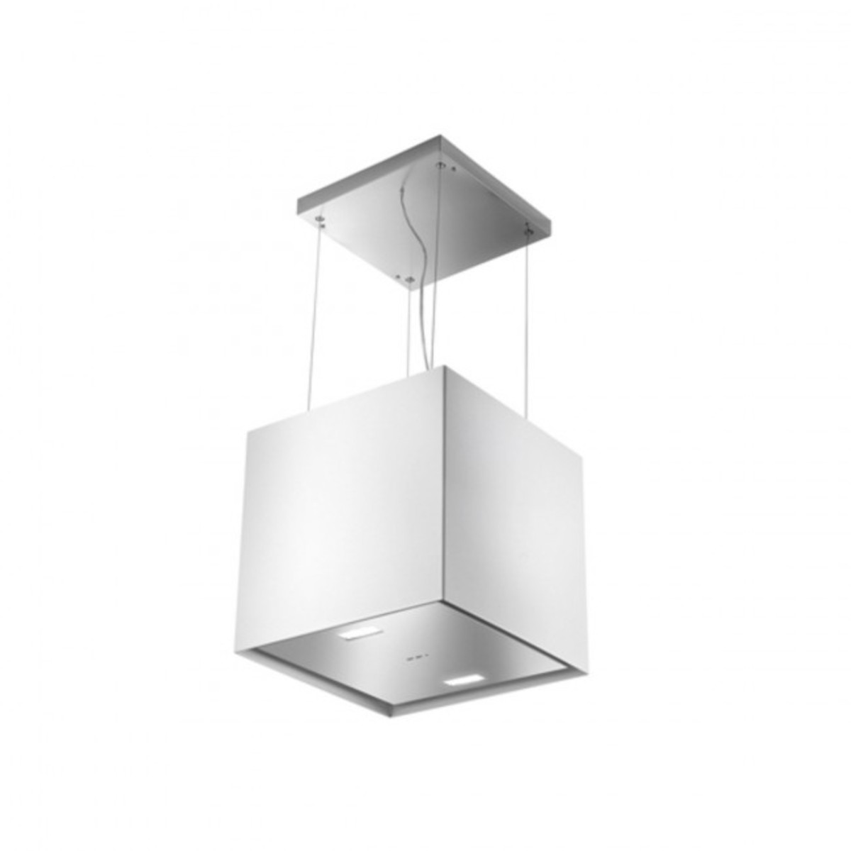 Sleek white square ceiling hood with a minimalist design, featuring a stainless steel top and integrated lighting for modern kitchens.
