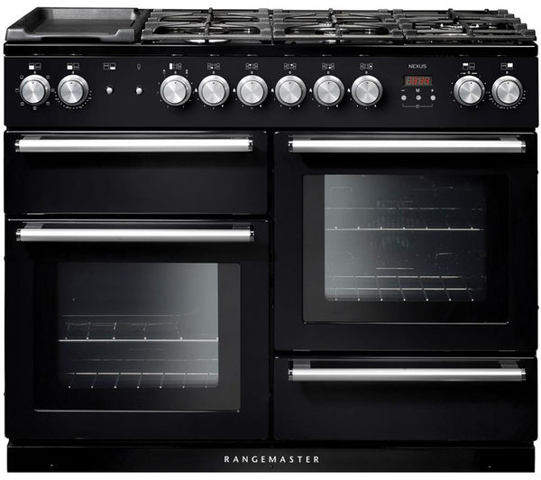 Black dual fuel range cooker with chrome trim, featuring a five-burner gas hob, two large glass-fronted ovens, and control knobs on the front.