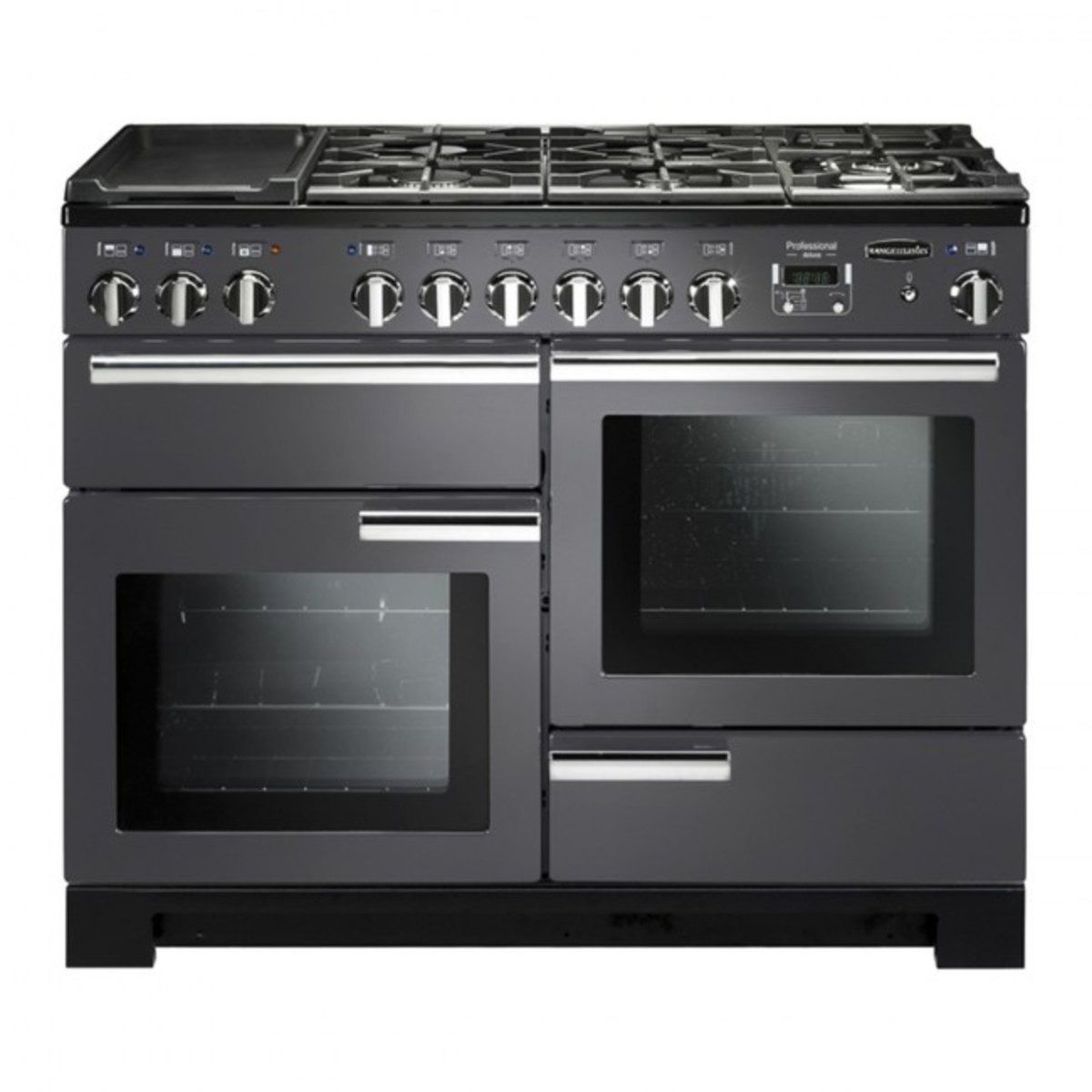 Slate grey Rangemaster PDL110DFFSLC dual fuel range cooker featuring five gas burners, a griddle, two large ovens, and stainless steel knobs and handles.
