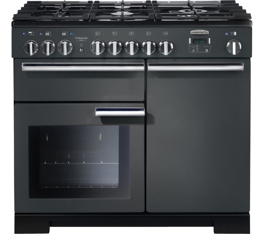 Professional Deluxe 100cm dual fuel range cooker in slate with chrome trim, featuring multiple gas burners, a digital display, and a large glass oven door.