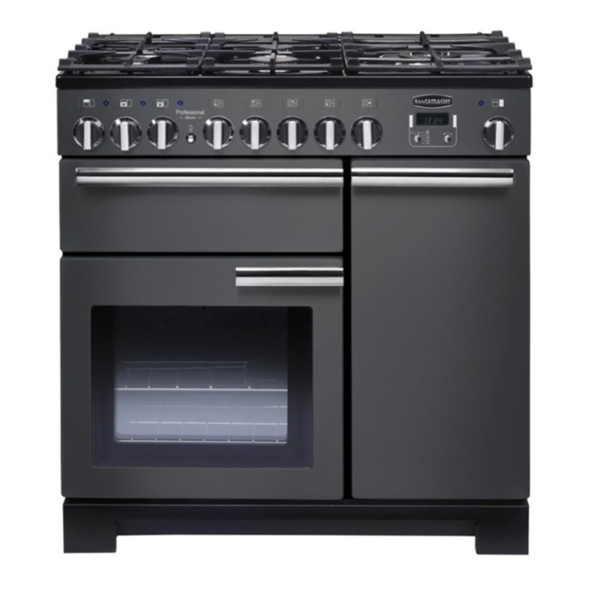Slate grey Rangemaster PDL90DFFSLC Professional Deluxe 90cm dual fuel range cooker features a gas hob with multiple burners, two ovens, and stainless steel accents.
