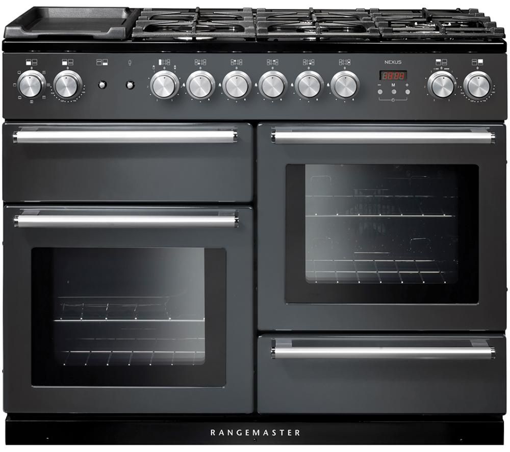 106090 NEXUS 110cm dual fuel range cooker in slate with chrome trim, featuring five gas burners, two ovens with glass doors, and stainless steel control knobs.