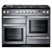 Stainless steel Rangemaster 106100 NEXUS 110cm dual fuel range cooker with chrome trim, featuring five gas burners, two ovens, and a digital display.