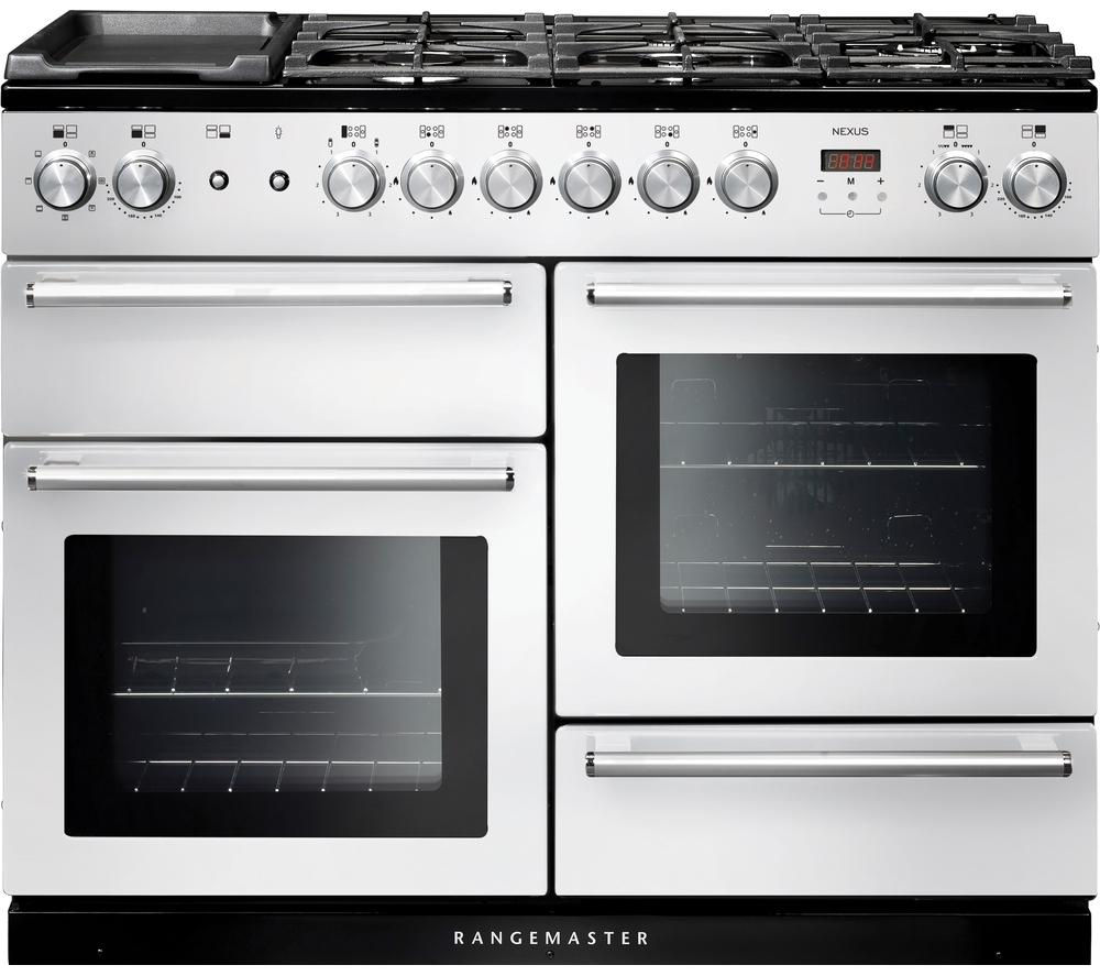 White and chrome Rangemaster 106110 NEXUS 110cm dual fuel range cooker featuring five gas burners, two large glass-fronted ovens, and control knobs along the front.