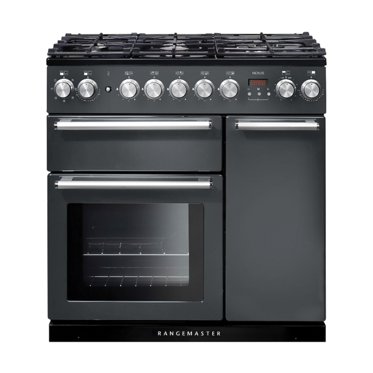 Slate grey dual fuel range cooker with chrome trim, featuring five gas burners, two ovens, and a digital display, designed for a modern kitchen aesthetic.