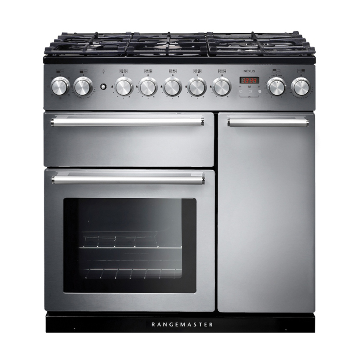 Stainless steel 90cm dual fuel range cooker with chrome trim, featuring five gas burners, two ovens, and a digital display.