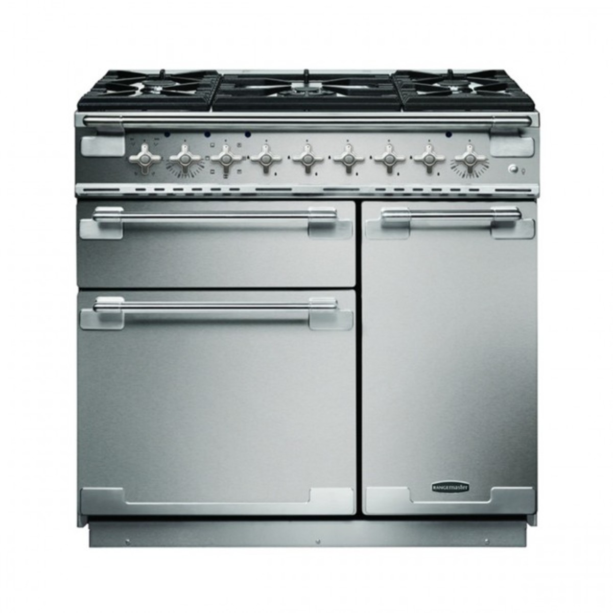 Stainless steel 90cm dual fuel range cooker with brushed nickel trim, featuring five gas burners, control knobs, and two spacious oven compartments.