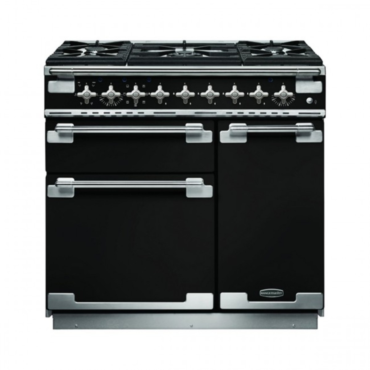 Gloss black dual fuel range cooker with brushed nickel trim, featuring four gas burners, control knobs, and two spacious ovens with stainless steel handles.