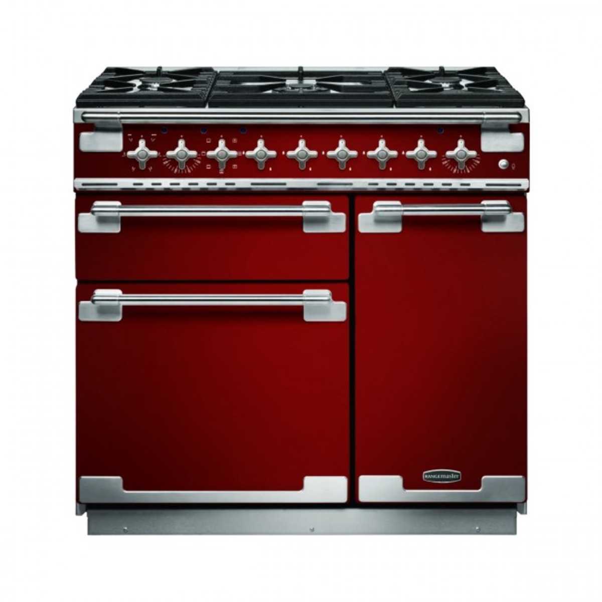 90cm dual fuel range cooker in cherry red with brushed nickel trim, featuring four gas burners, oven doors, and control knobs for precise cooking.