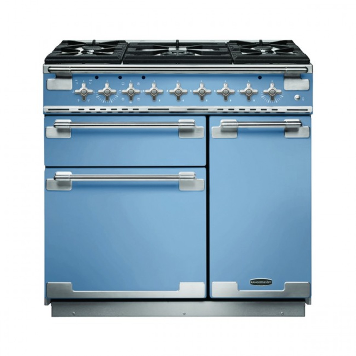 90cm dual fuel range cooker in China Blue with brushed nickel trim, featuring five gas burners, control knobs, and two oven compartments.