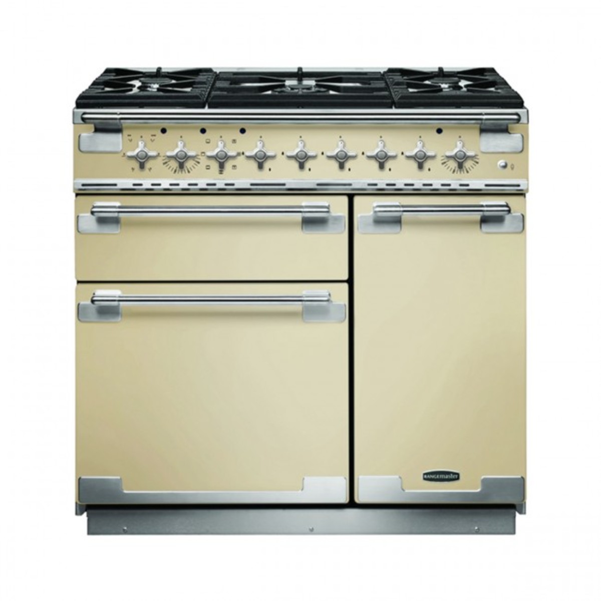 Cream dual fuel range cooker with brushed nickel trim, featuring four gas burners, control knobs, and two spacious oven doors.