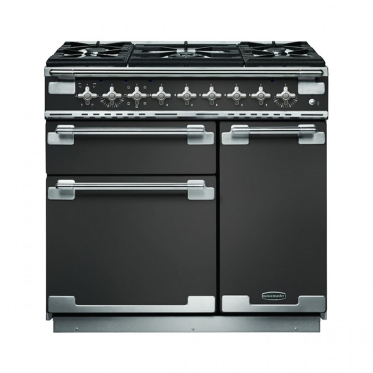 Slate-colored dual fuel range cooker with brushed nickel trim, featuring four gas burners, control knobs, and two spacious ovens below.