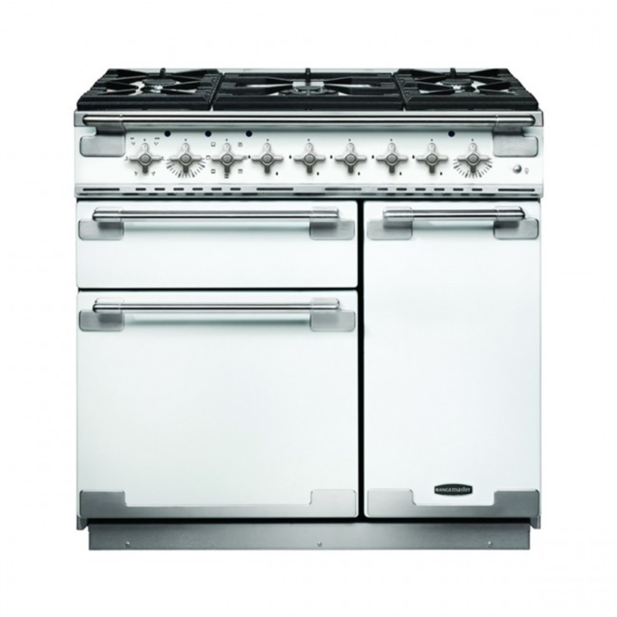 White 90cm dual fuel range cooker with brushed nickel trim, featuring five gas burners, a large oven with a stainless steel handle, and chrome control knobs.