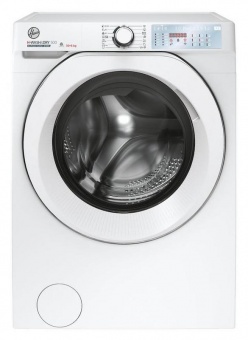 White Hoover washer dryer with a 10kg/6kg capacity, featuring a large circular glass door, control panel with dials and digital display, and multiple program options.