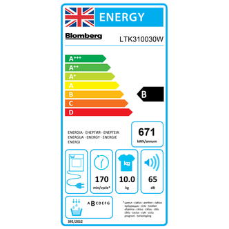 White Blomberg LTK310030W condenser tumble dryer with a 10kg capacity, featuring an energy efficiency rating of B and a maximum drying time of 170 minutes.