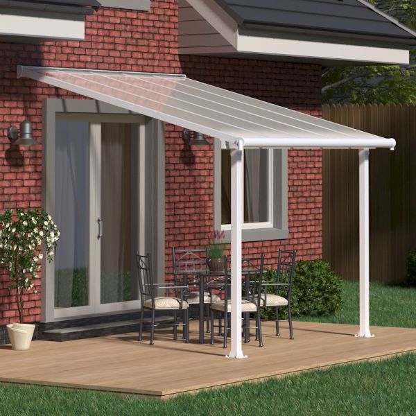 10'x10' white patio cover with clear polycarbonate panels, supported by white posts, providing shade over a wooden deck with a black metal table and chairs.