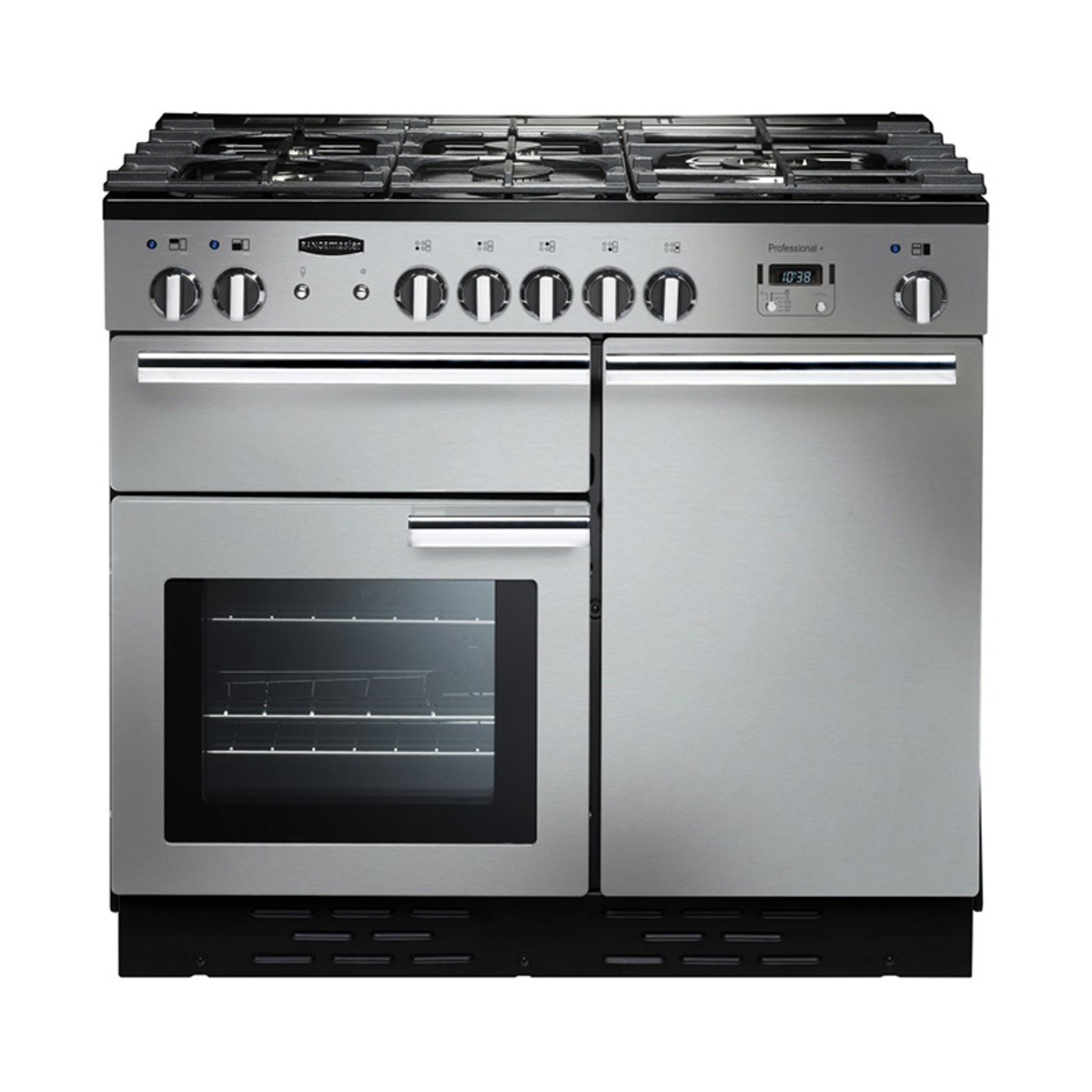 Stainless steel Rangemaster Professional Plus 100cm gas range cooker featuring multiple burners, a large oven with a glass door, and chrome knobs for temperature control.
