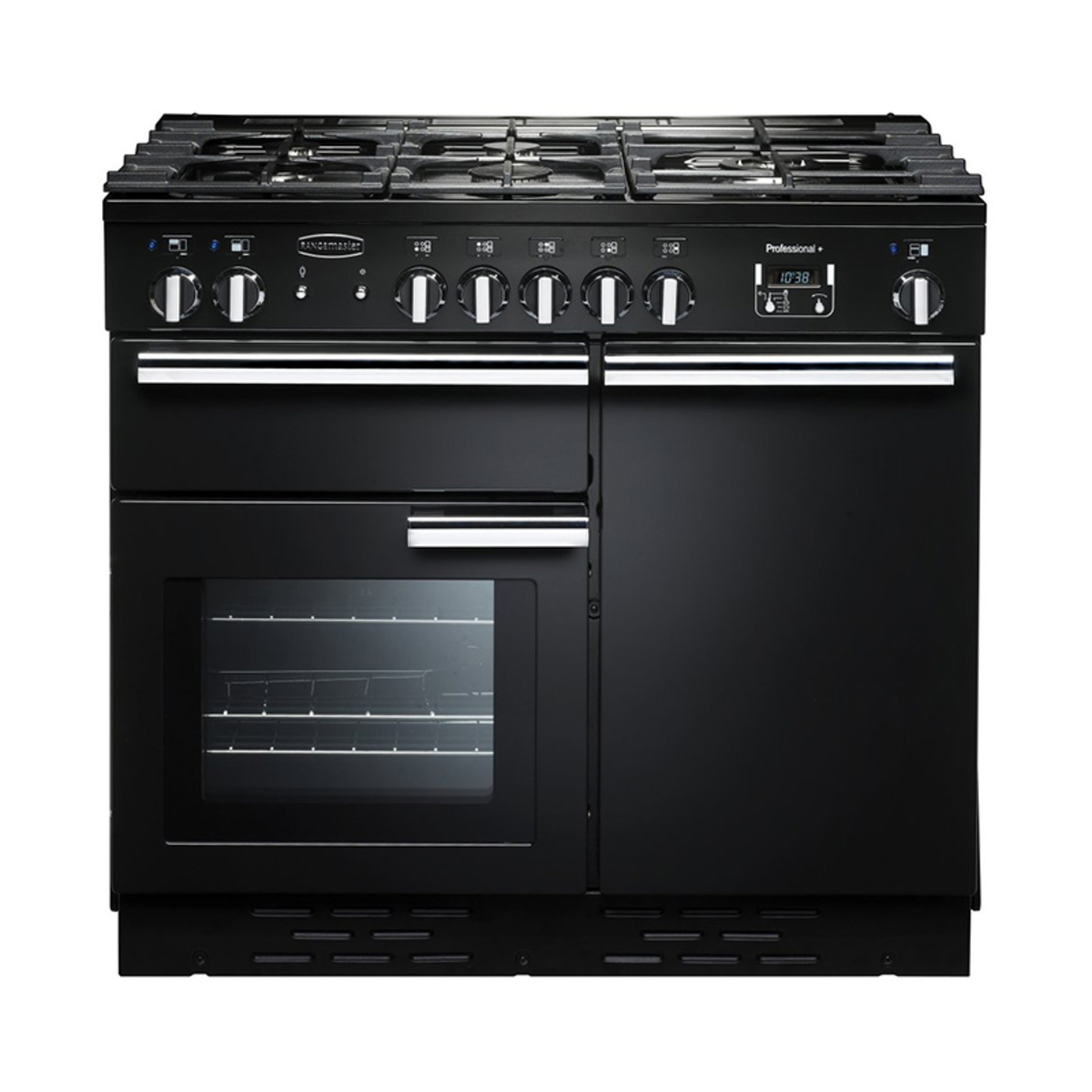 Black gas range cooker with a 100cm width, featuring multiple burners, stainless steel knobs, a large oven with a glass door, and a sleek, professional design.
