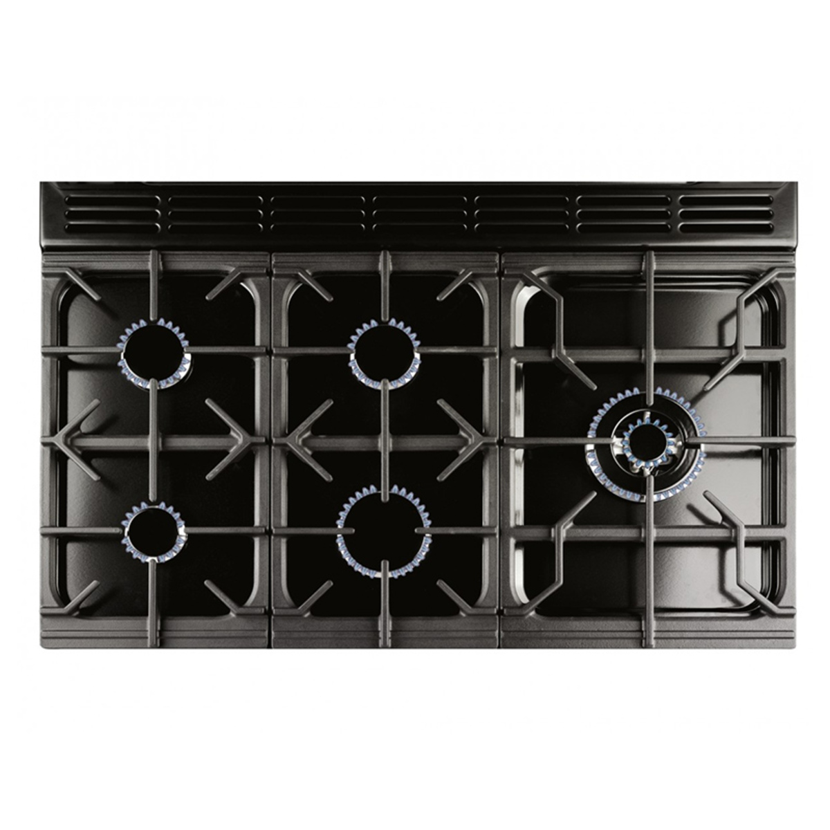 Rangemaster 111790 100cm wide professional gas range cooker in cream, featuring six burners with blue control knobs and a sleek black cast iron griddle.