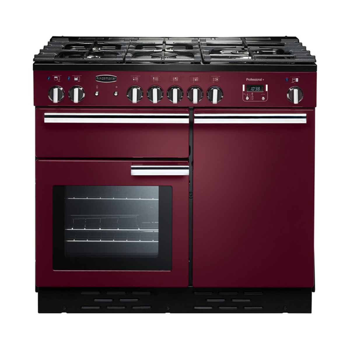 Rangemaster 100cm wide gas range cooker in a rich cranberry finish, featuring six gas burners, a large oven with a glass door, and stainless steel accents.